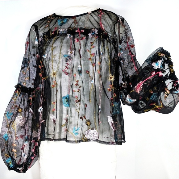 Black sheer floral embroidered top - Picture 1 of 5